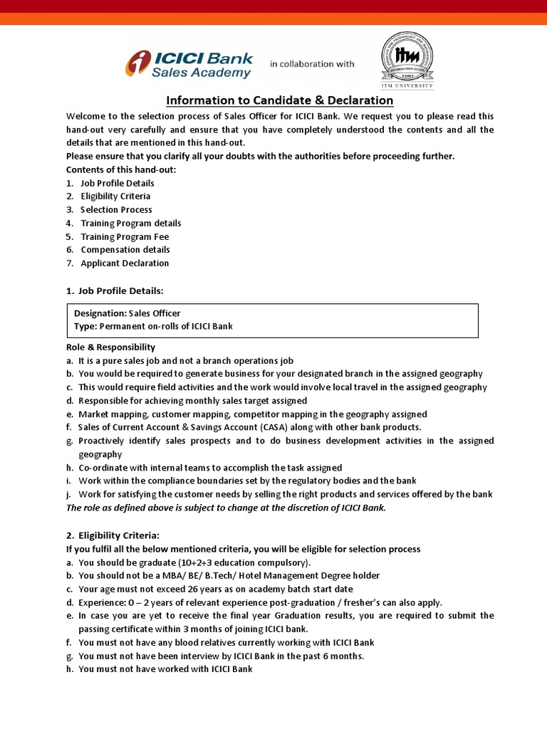 ICICI Information To Candidate &amp; Declaration | PDF | Sales | Fee