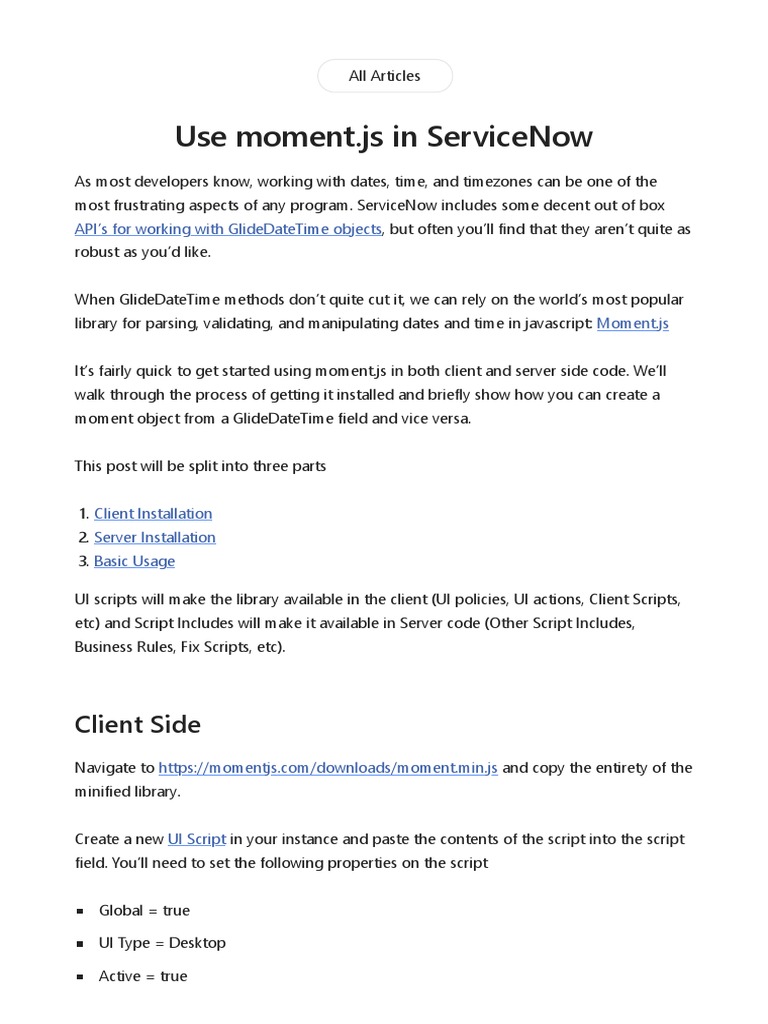 Using Moment.js in ServiceNow | PDF | Java Script | Library (Computing)