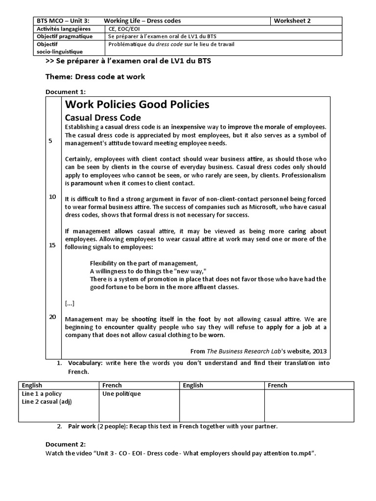 WS 2 - Prépa Oral - Dress Code at Work | PDF | Clothing | Business