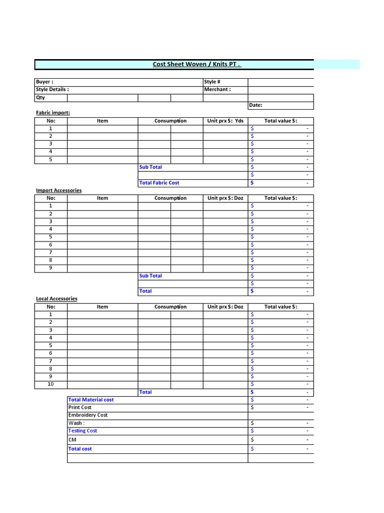 Costing Sheet Format Formula Download Free PDF Textiles Textile Arts