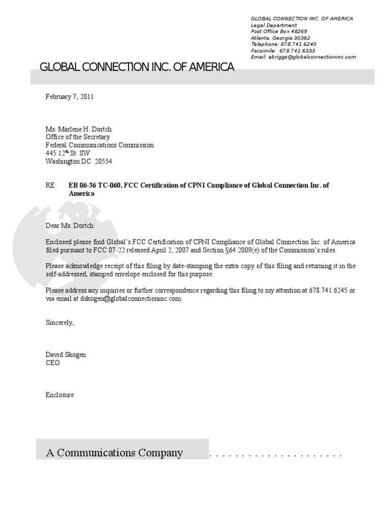 Global FCC Annual CPNI Certificate Transmittal 020711 PDF Federal