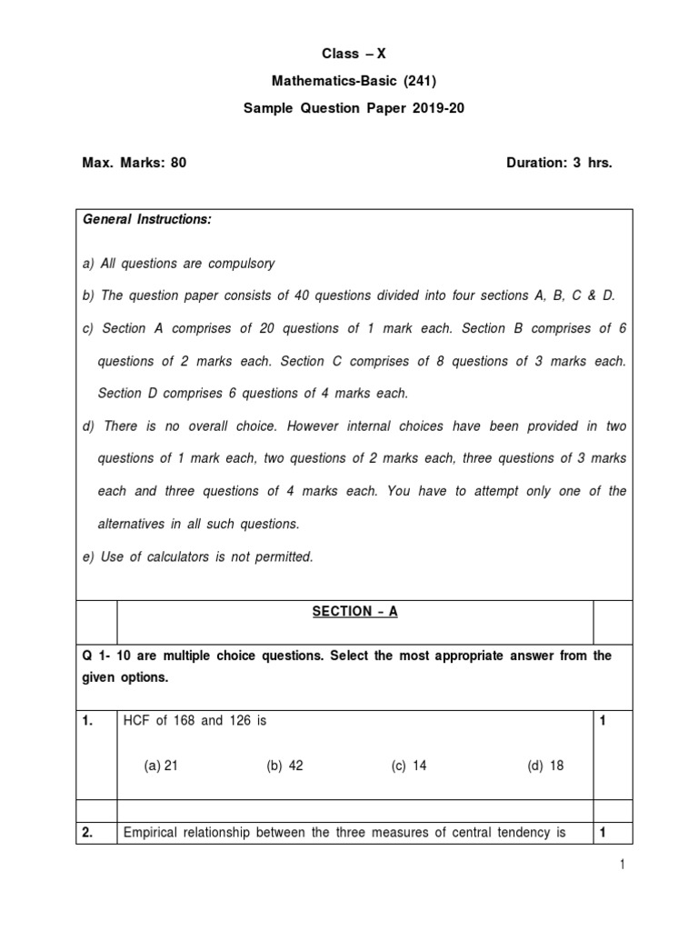 Class X Mathematics Sample Paper 2019-20 | PDF | Circle | Triangle