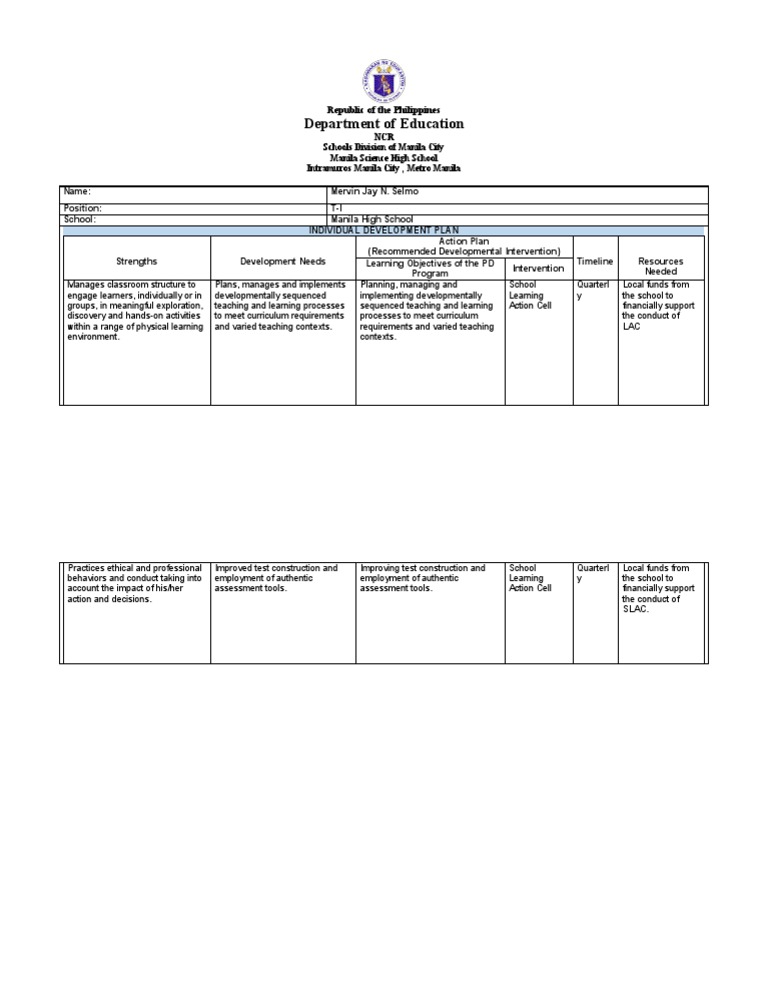 Individual Development Plan | PDF | Curriculum | Learning