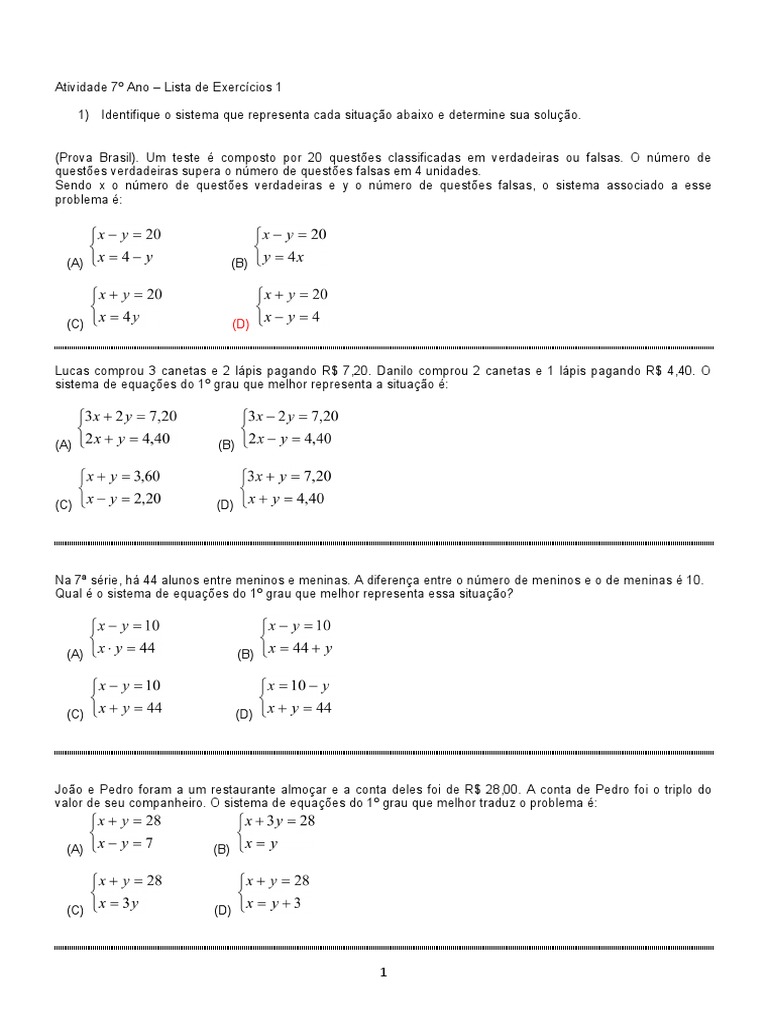 Lista 1 - Exercicios 7 Ano | PDF | Equações | Ensino de Matemática