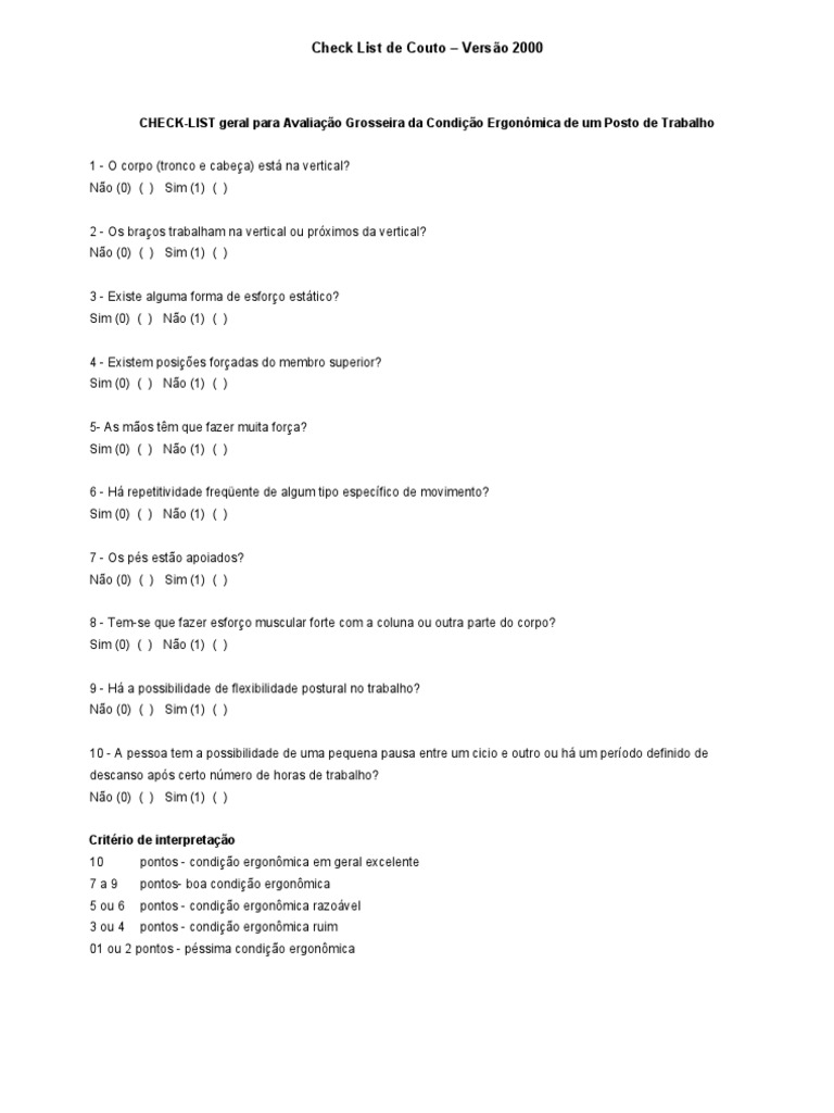 Check List de Ergonomia 2000 | PDF | Tempo | Natureza