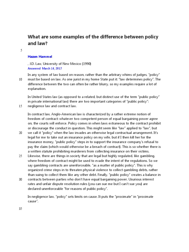 What Are Some Examples of The Difference Between Policy and Law | PDF