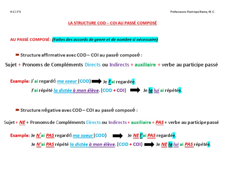 Structure COD - COI Au Passé Composé | PDF