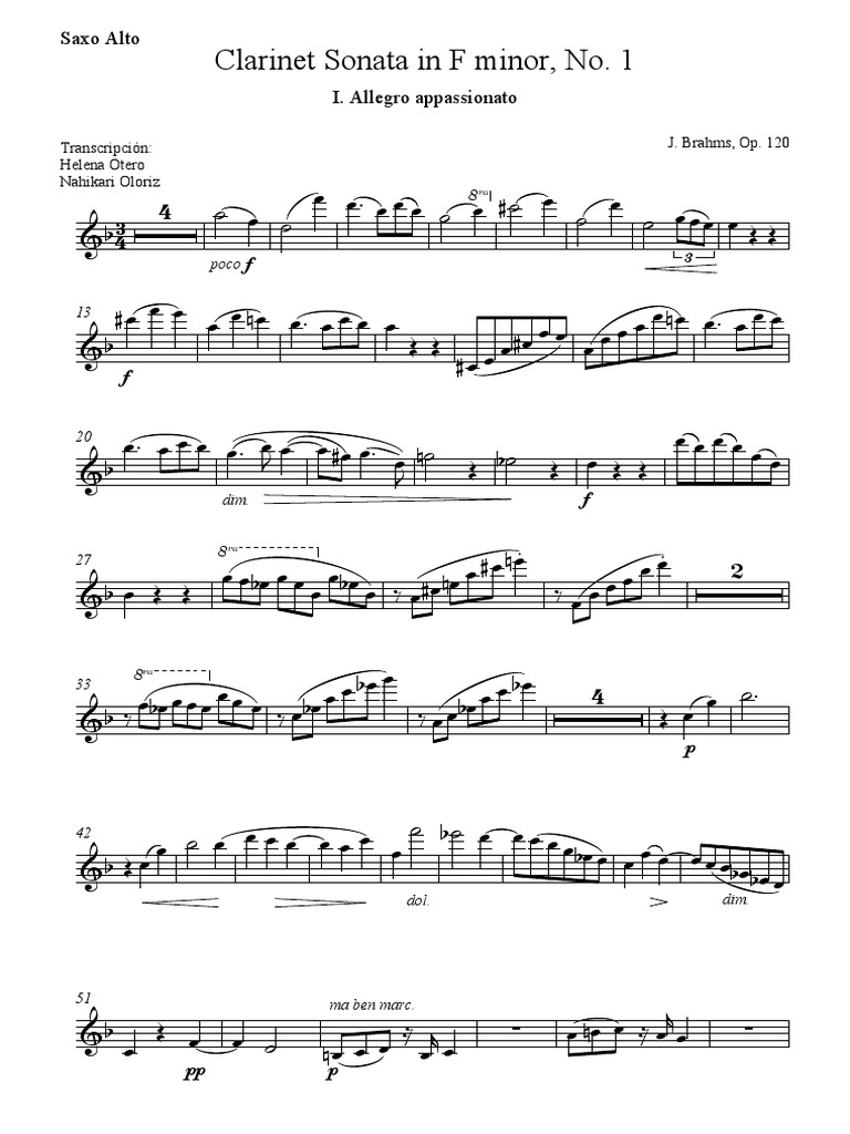 Sonata in F Minor, Op.120 Brahms Saxophone PDF Classical