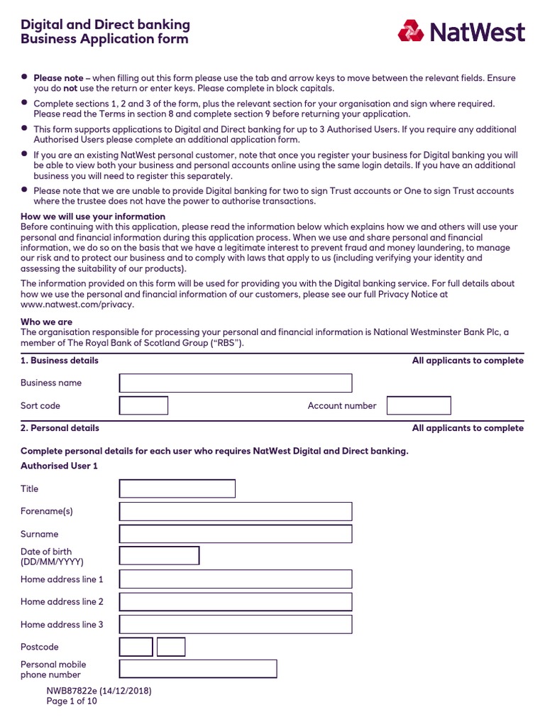NWB87822 Online and Telephone Banking Business Application Form | PDF ...