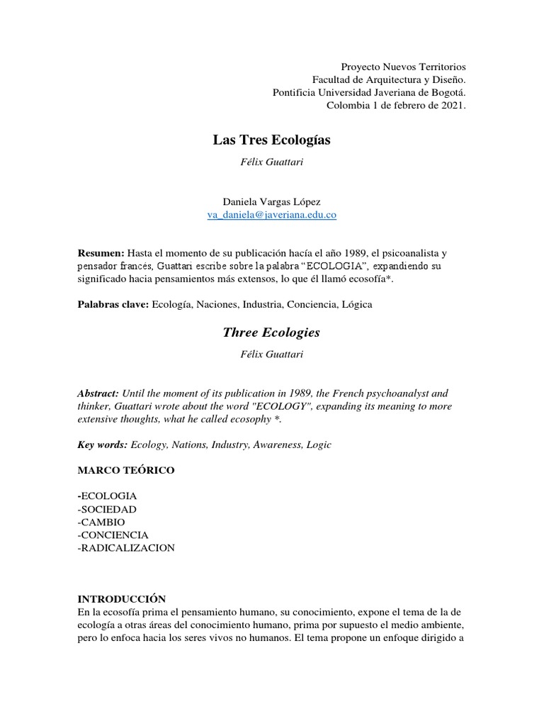 Articulo Las 3 Ecologias Por Felix Guattari PDF Entorno natural