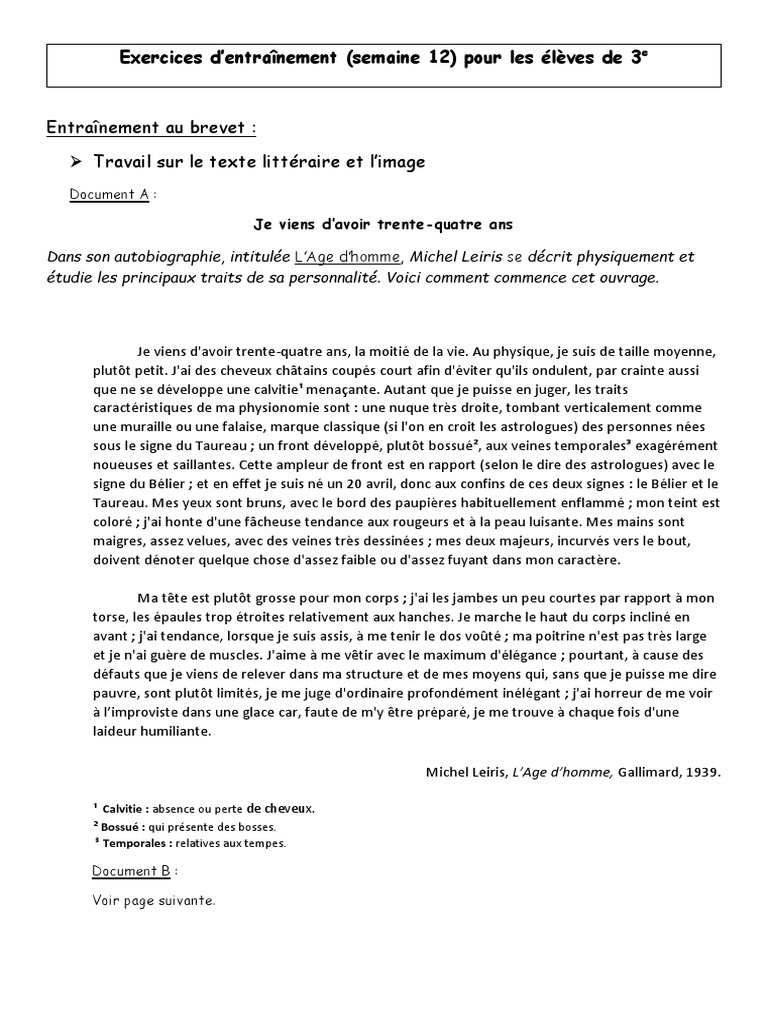 Brevet Francais Autobiographie Corrige Michel Leiris 3emes Leiris | PDF | Linguistique