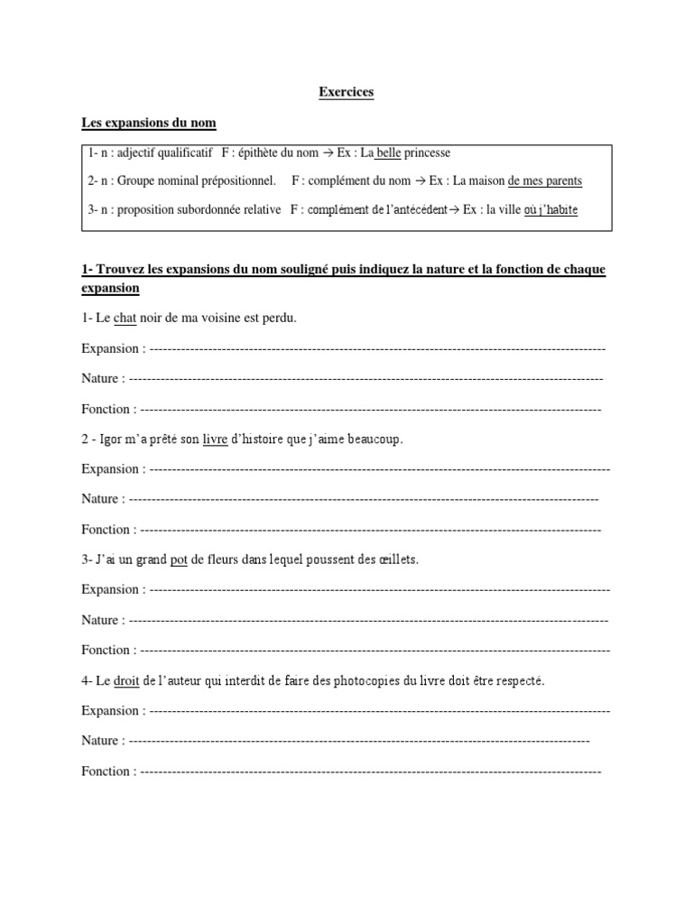 Les Expansions Du Nom Exercices Pdf Collège 3 Pfe 18031 | PDF | Nature (grammaire) | Clause