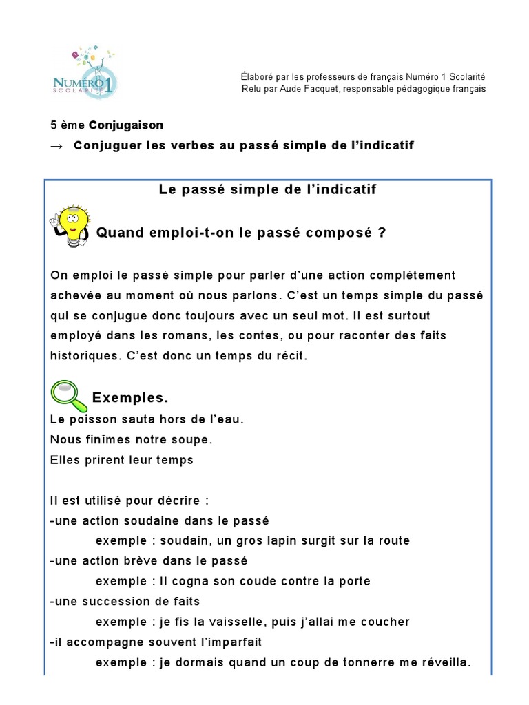 Exercice Passé Simple 5ème à Imprimer 5ème Conjugaison Passé Simple de L'indicatif | PDF | Verbe | Typologie  linguistique