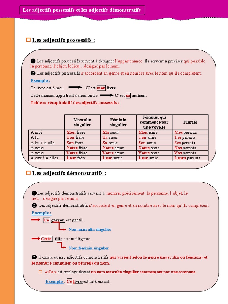 Les Déterminants Possessifs Et Démonstratifs L Adjectif Possessif Et L Adjectif Demonstratif | PDF | Genre grammatical |  Nombre grammatical