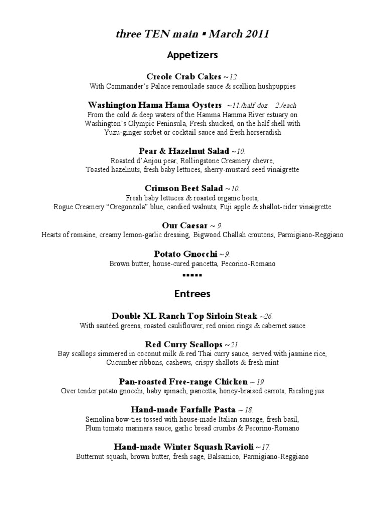 Three TEN Restaurant Menu March 2011 | PDF | Salad | Foods