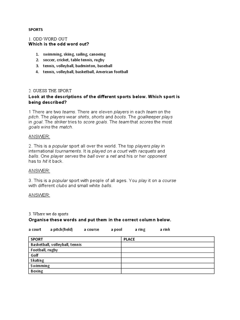 Sports Vocabulary and Descriptions Guide | PDF