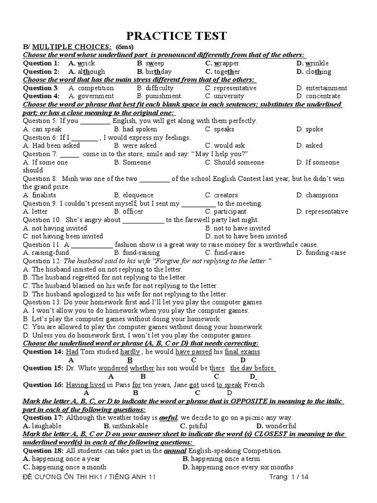 English Language Practice Test: Multiple Choice Questions and Writing ...