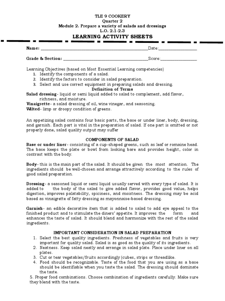 TLE COOKERY 9 QTR 2, LESSON 1.1 SALAD TOOLS AND EQUIPMENT 
