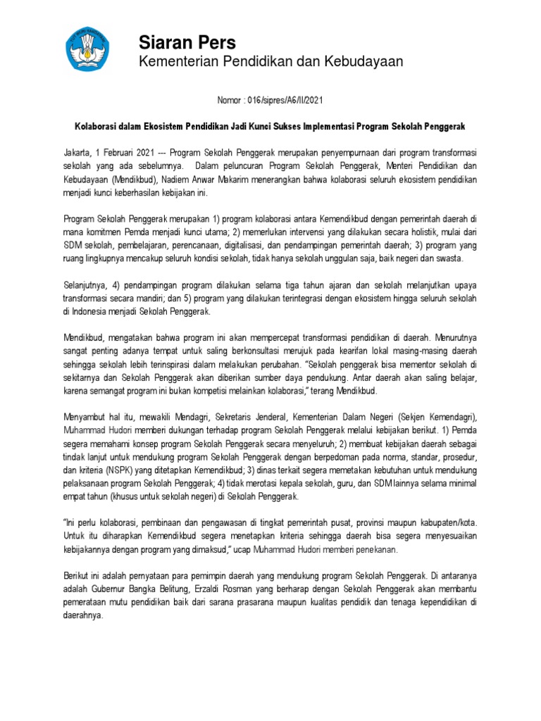 Siaran Pers Kemendikbud Luncurkan Program Sekolah Penggerak PDF