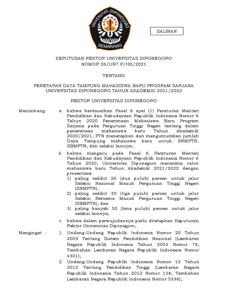 Daya tampung um undip 2021