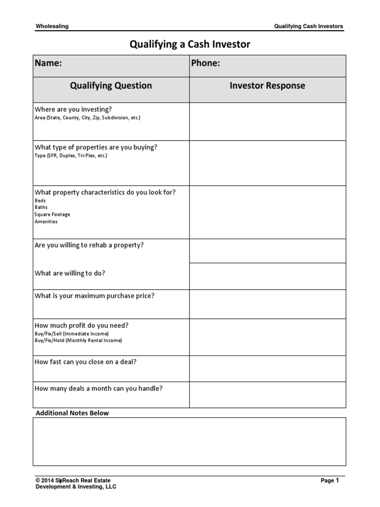 Qualifying A Cash Investor Questionnaire | PDF