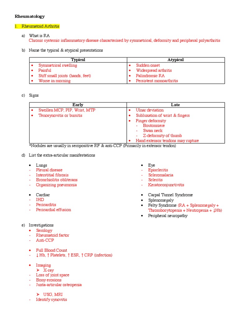 Rheumatology Notes | PDF | Gout | Rheumatoid Arthritis