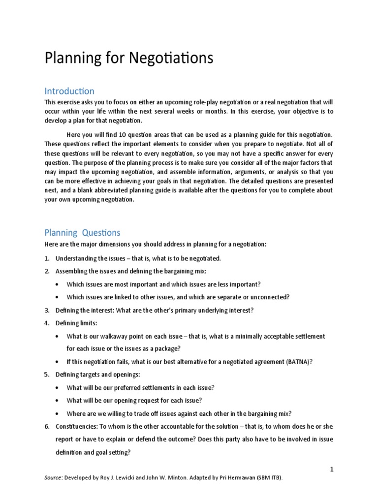 Negotiation Planning Guide | PDF | Bargaining | Negotiation