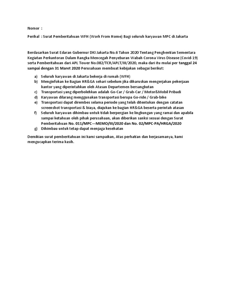 Surat Pemberitahuan Wfh Pdf