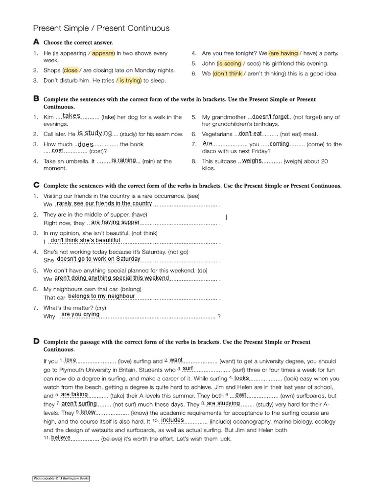 Present Simple Present Cont | PDF | Meal | Lunch