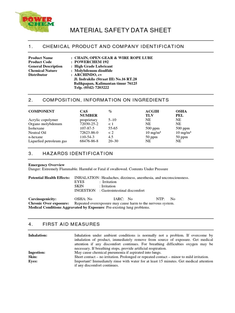 MSDS 192 Chain, Open Gear & Wire Rope Lube PDF Firefighting Personal Protective Equipment