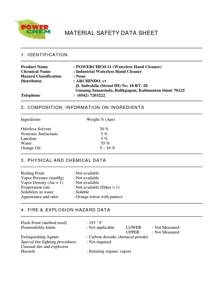 MSDS PC 11 Waterless Hand Cleaner PDF Hazardous Waste Chemistry