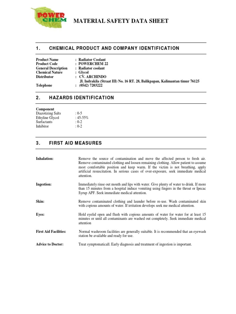 Radiator Coolant MSDS Overview | PDF | Personal Protective Equipment ...