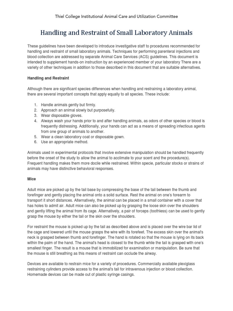 IACUC Handling and Restraint of Small Laboratory Animals | PDF | Mouse ...