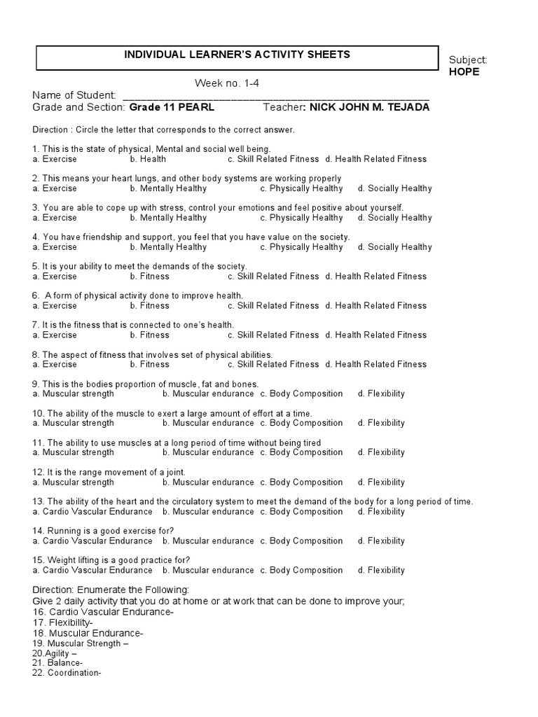 Individual Activity Sheets Quiz Hope | PDF | Physical Fitness ...