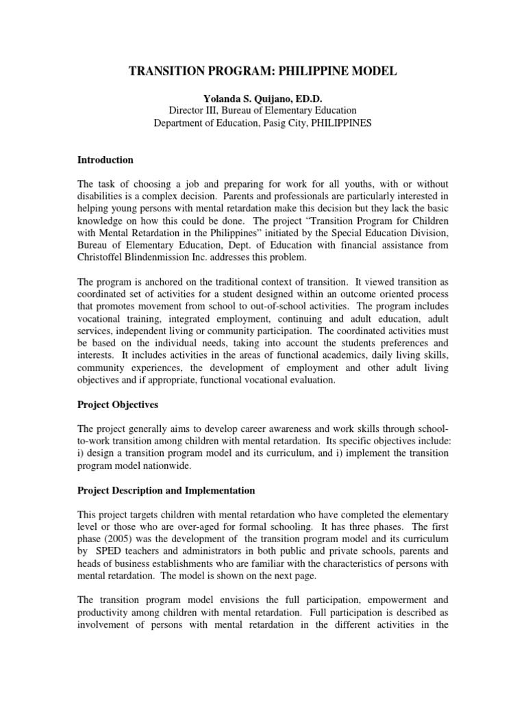 Transition Program: Philippine Model: Yolanda S. Quijano, ED.D | PDF ...