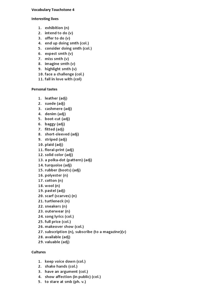 Vocabulary for Touchstone 4 Unit 1 | PDF | Clothing | Nature