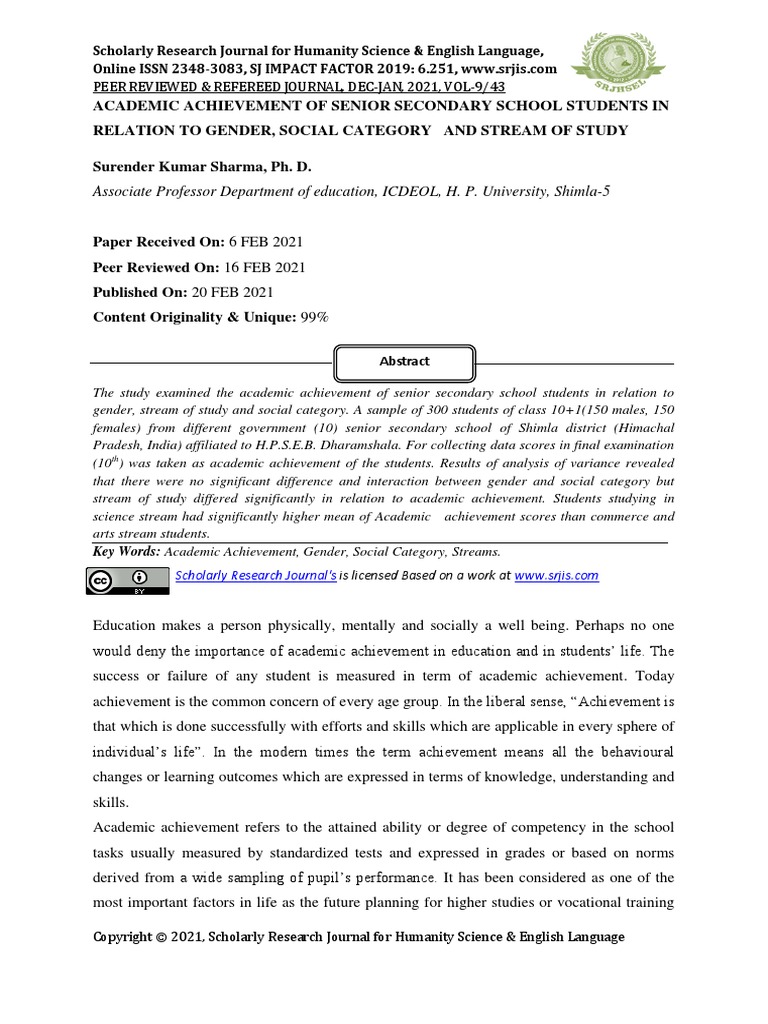 Academic Achievement of Senior Secondary School Students in Relation To ...