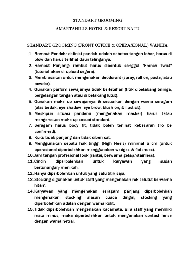 Standar Grooming Karyawan Hotel | PDF