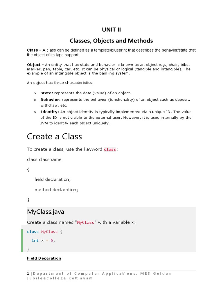 Create A Class: Unit Ii Classes, Objects and Methods | PDF ...