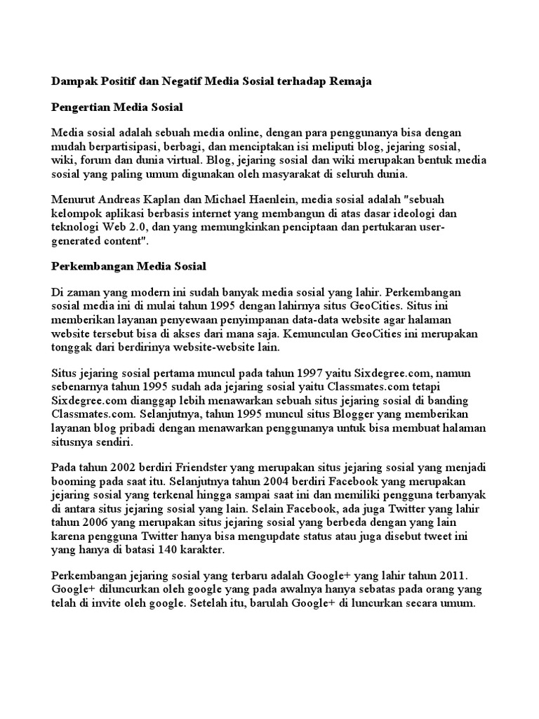 Dampak Positif Dan Negatif Media Sosial Terhadap Remaja Pdf