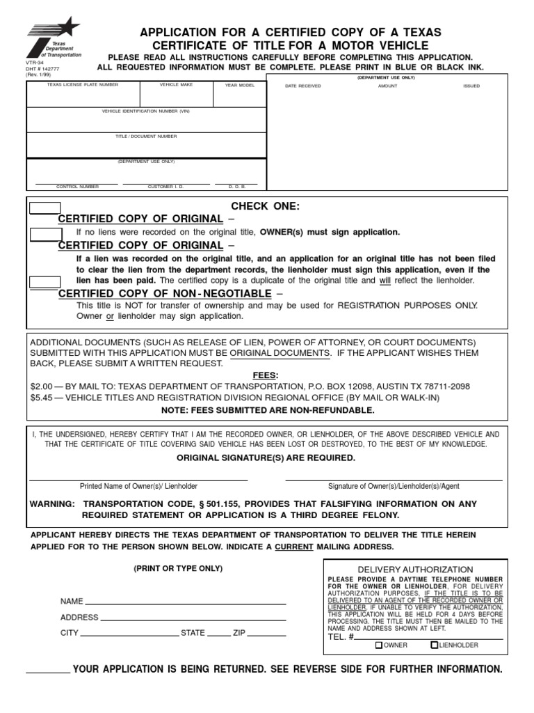 Texas Certificate of Title PDF Identity Document Mail