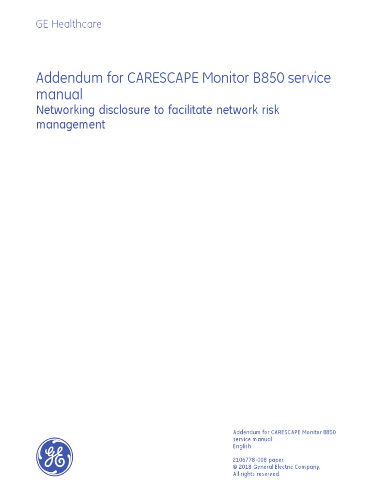 Addendum For CARESCAPE Monitor B850 Service Manual Networking