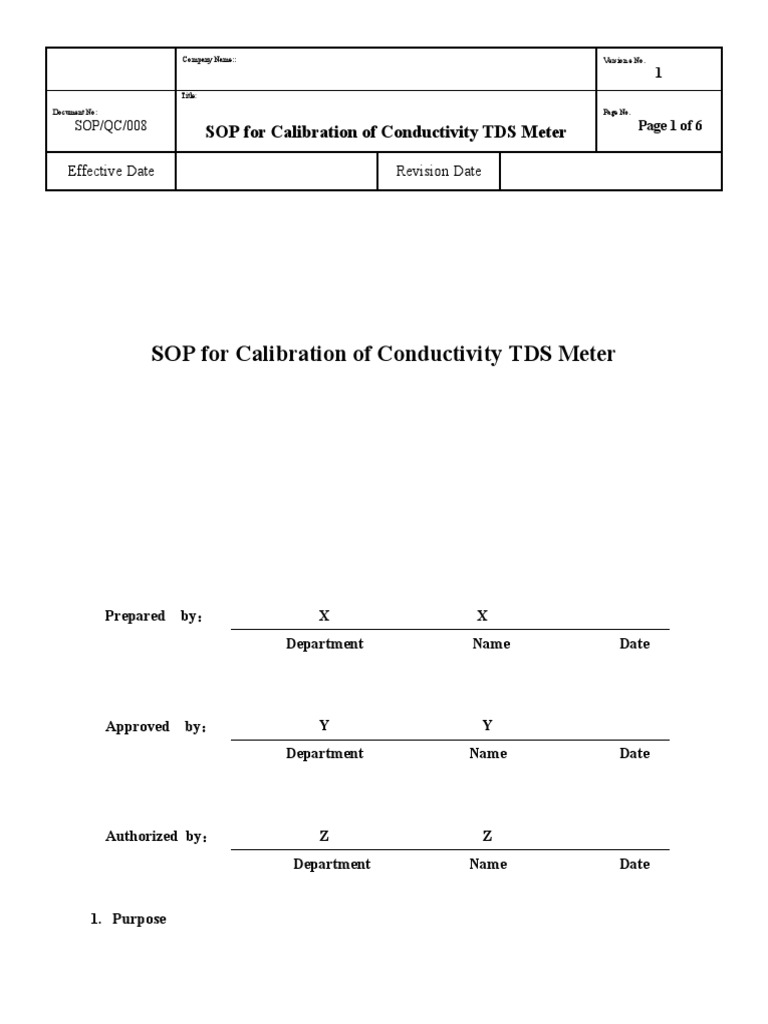 SOP For Calibration of Conductivity TDS Meter PDF Parts Per