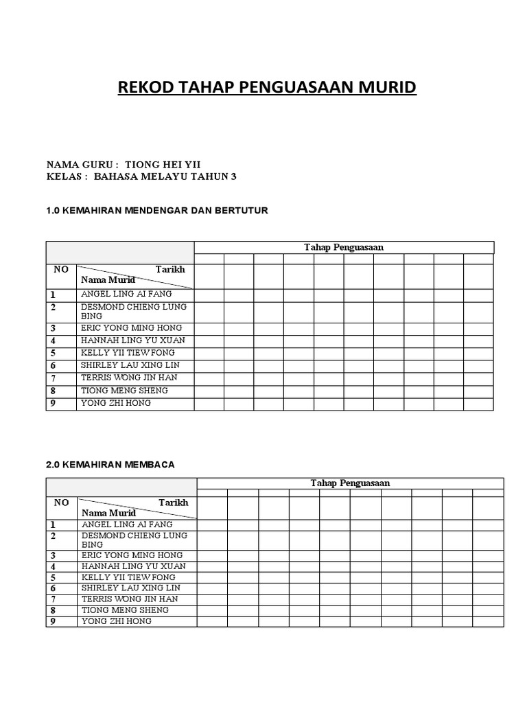 Rekod Penguasaan BM Tahun 3 | PDF