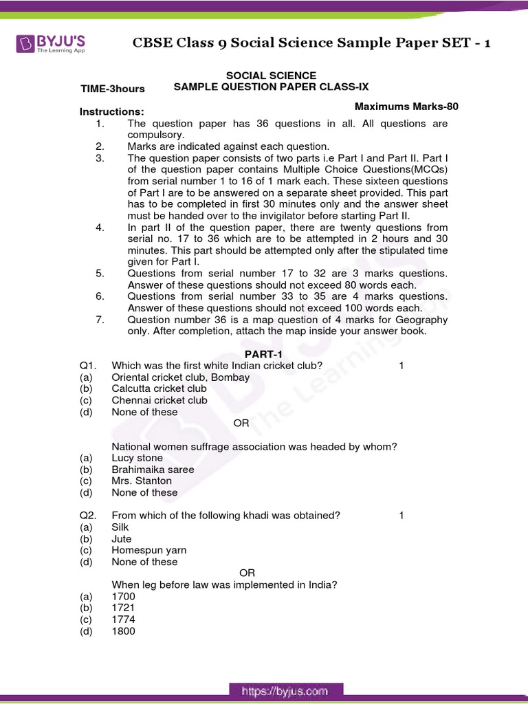 CBSE Class 9 Social Science Sample Paper SET 1 | PDF