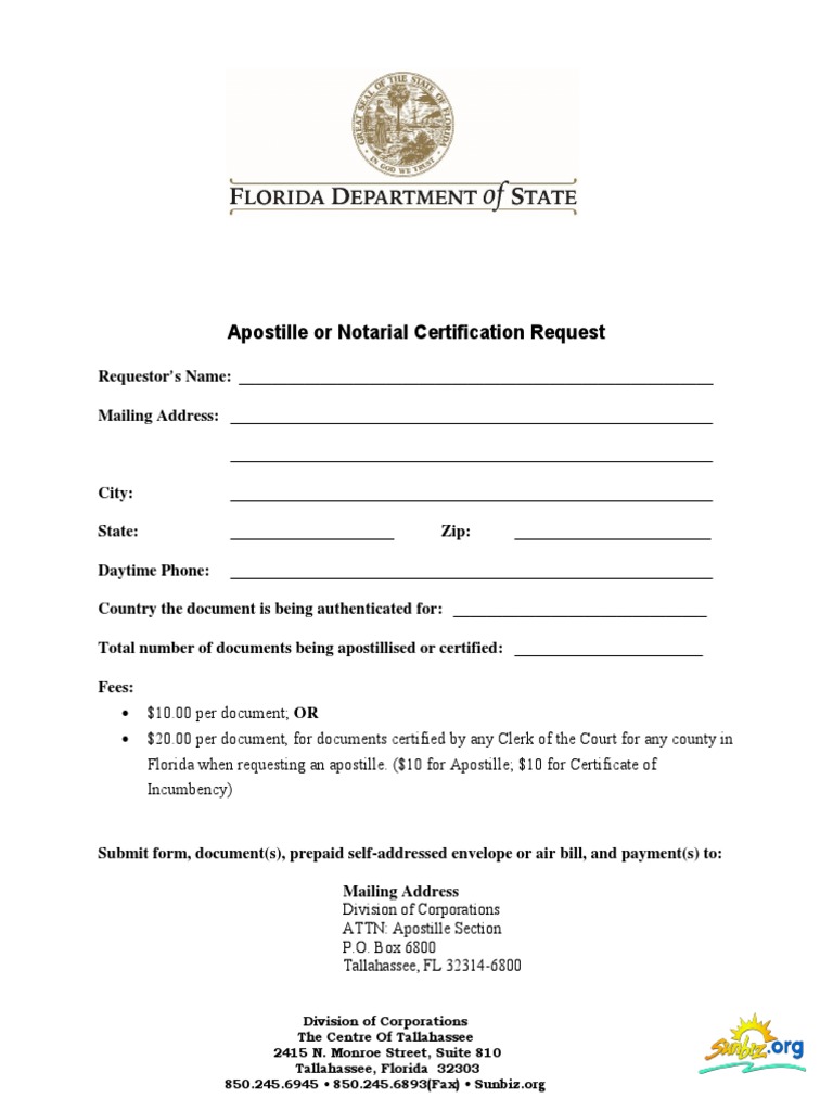 Apostille request florida department of state pdf