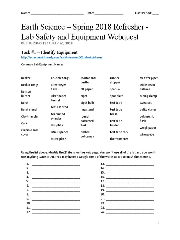 Spring 2018 Refresher Lab Safety and Equipment quest PDF
