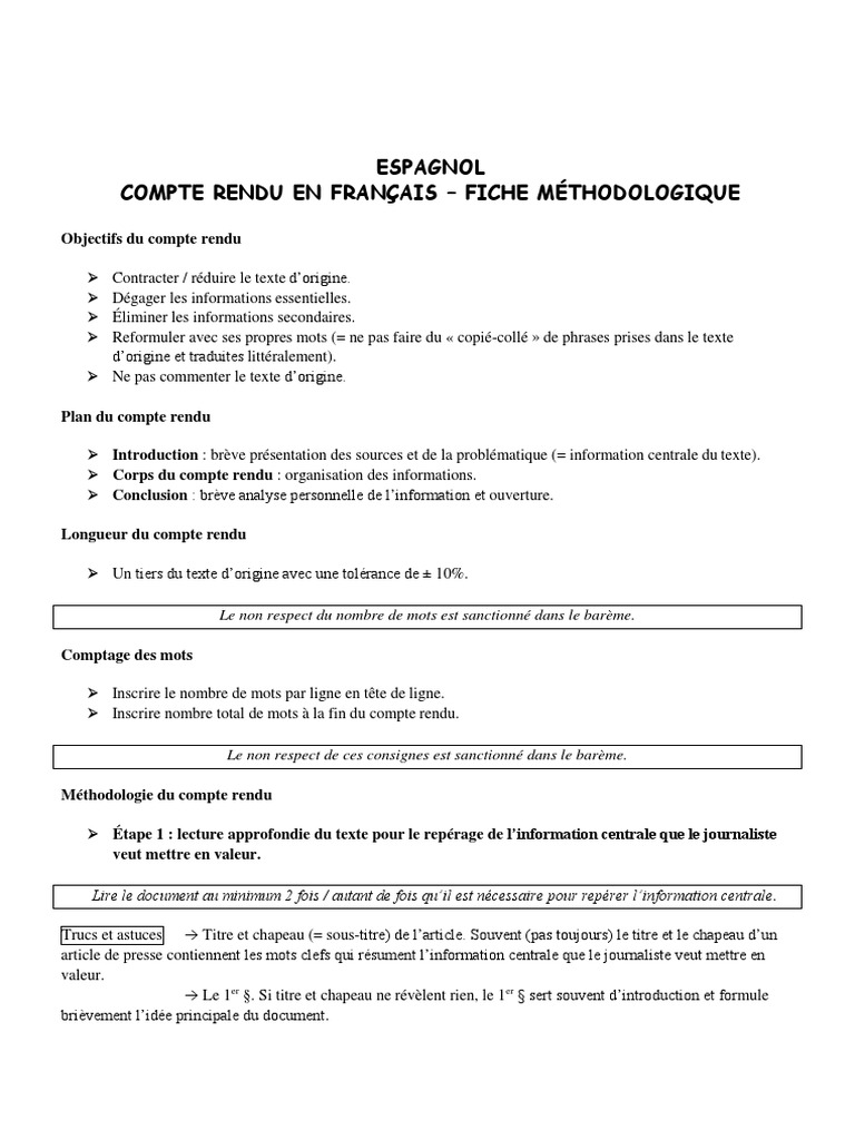 comment faire un compte rendu d un texte en espagnol