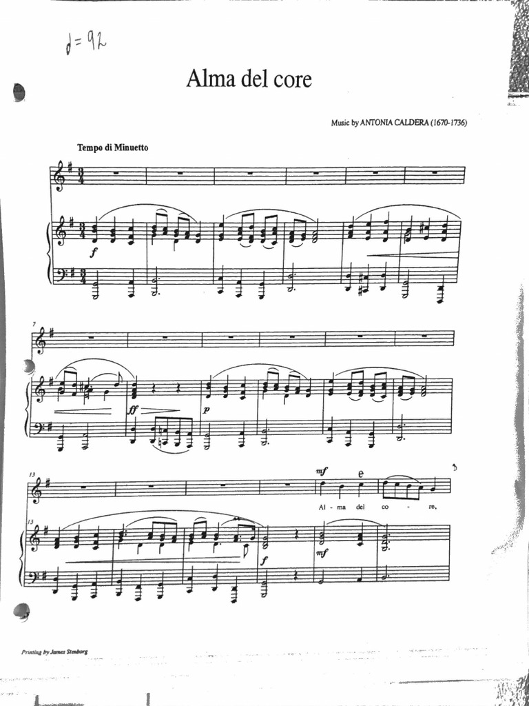 Alma Del Core PDF cover image representing a downloadable sheet music document by Antonio Caldara