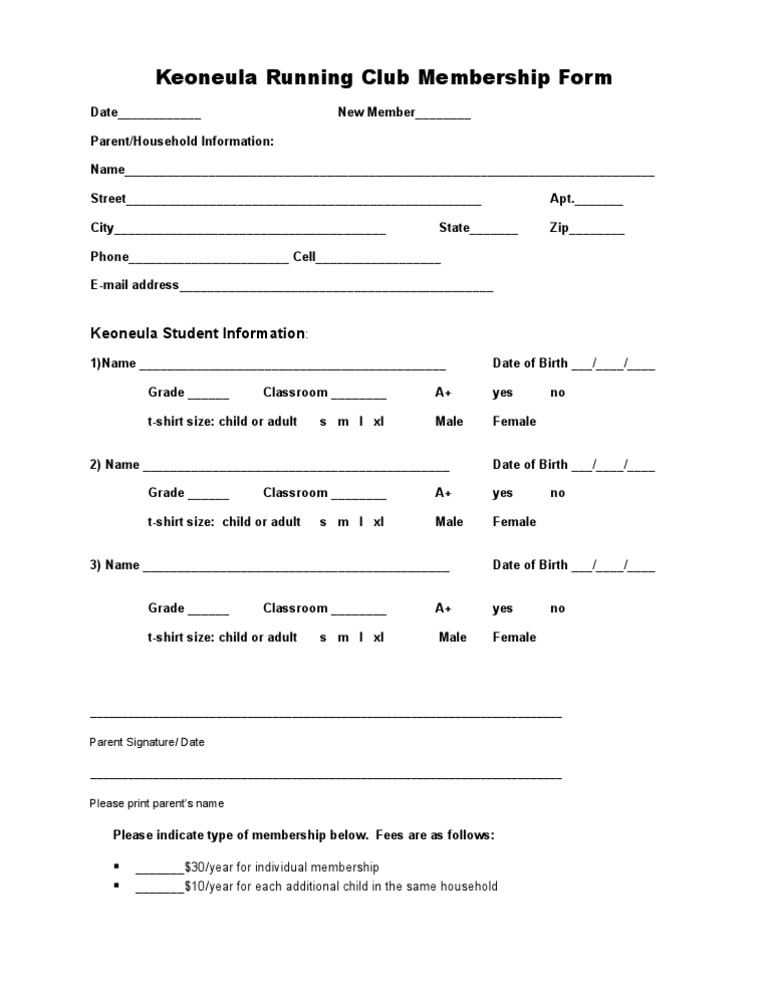 Keoneula Running Club Membership Form | PDF